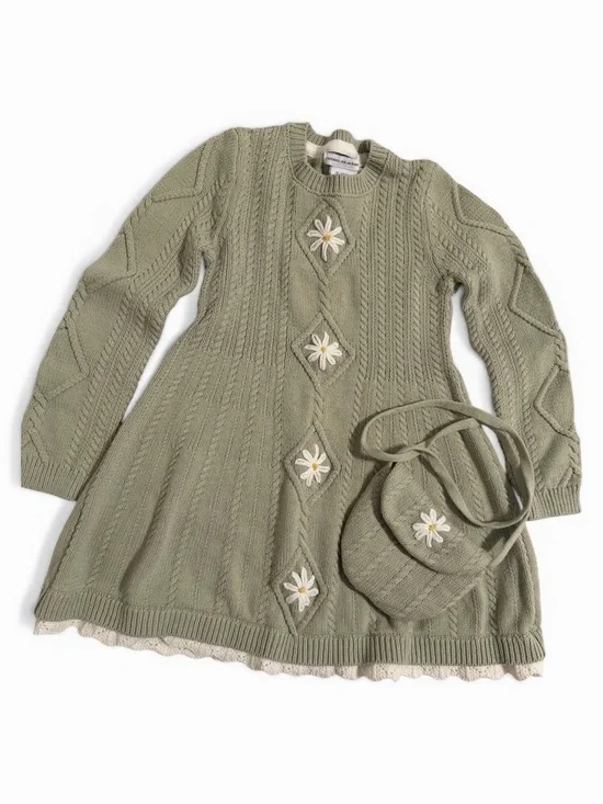 cupcakes & cashmere sage green cable knit dress with daisy applique - Picture 3 of 5